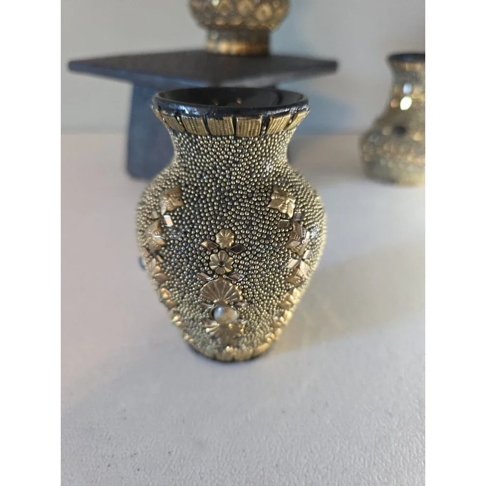 Set Of 3 Vtg Ceramic Bud Vases Hand Decorated w/ Beads, Mirrors, Natural Stones